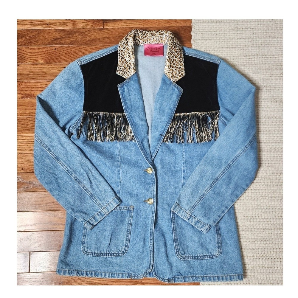 Western Denim Jacket Animal Print Fringe Cowgirl Ranch Velour Collar‎ Pockets XL